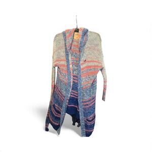 Hollister Sweater Jacket Womens Medium Blue Pink Hooded Open Front Cardigan Knit